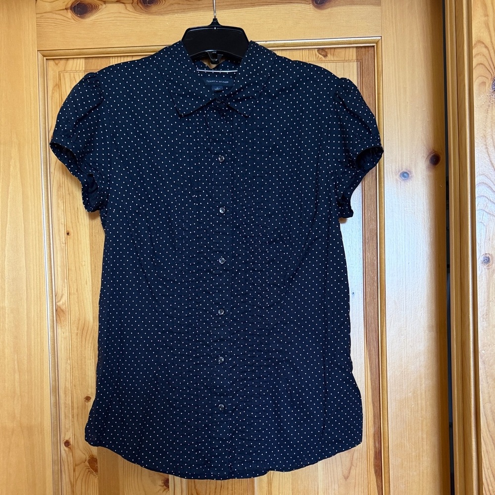 Tommy Hilfiger Navy Polka Dot Pintuck Short Sleeve Shirt, medium